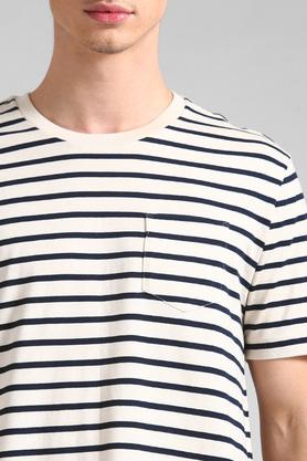 Mens White Crew Neck Striped T Shirt