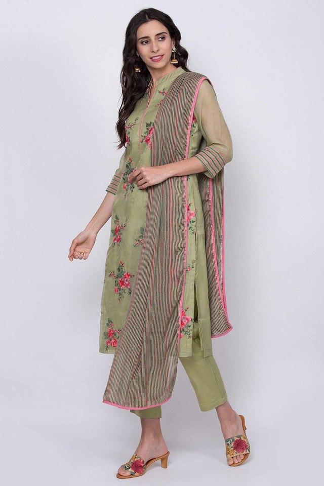 Buy BIBA Womens Olive Green Art Silk Straight Suit Set Shoppers Stop