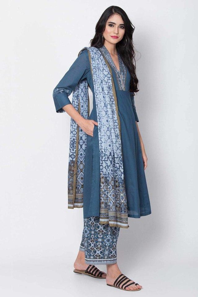 Buy BIBA Blue Womens Blue Cotton A Line Suit Set Shoppers Stop