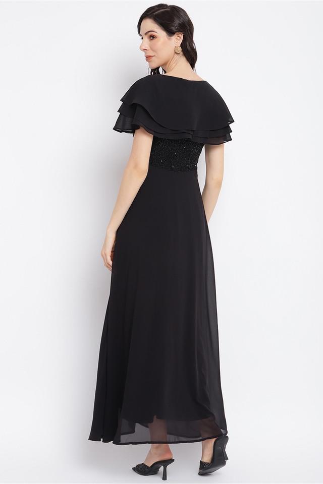 55% OFF on SASSAFRAS Women Black Solid Semi Sheer Off-Shoulder Maxi Tiered  Dress on Myntra | PaisaWapas.com