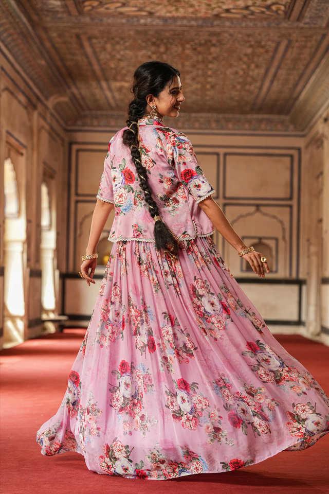 Peach Digital Printed Crushed Chinon Lehenga Choli Set With Sequins – STORI