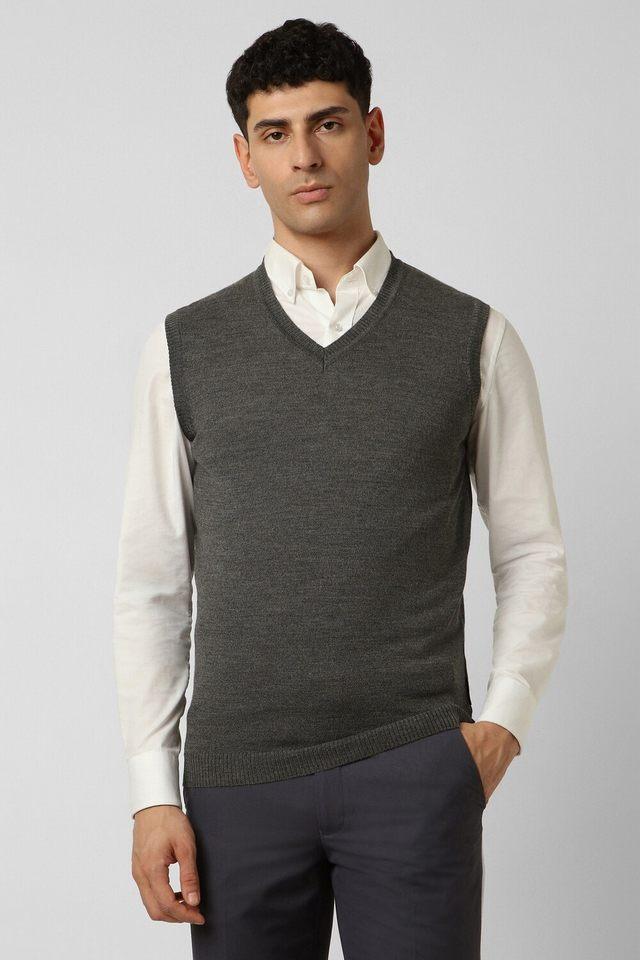 Buy VAN HEUSEN Grey Solid Blended Fabric V Neck Men s Sweater Shoppers Stop