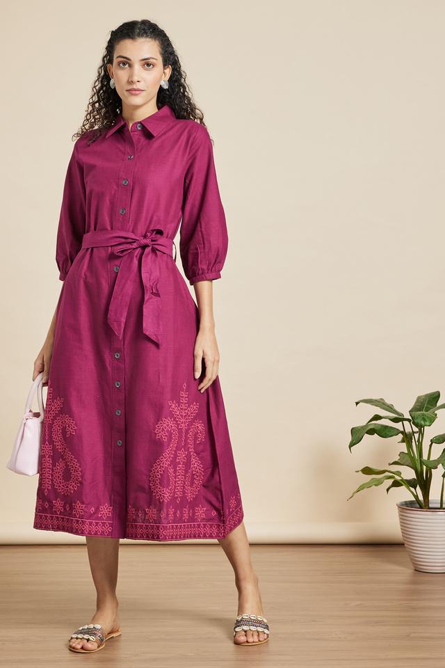 Buy HAUTE CURRY Purple Solid Collar Neck Cotton Slub Women s Midi