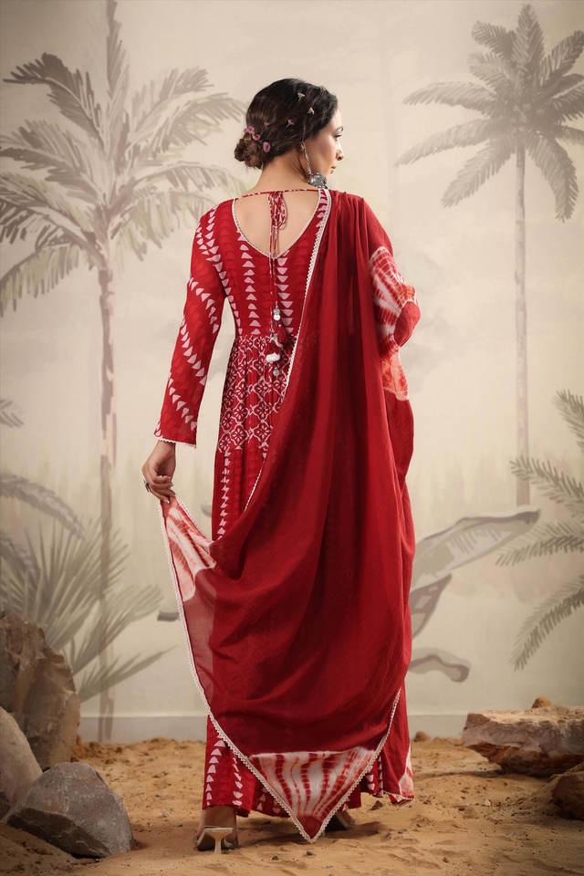 Georgette Indo Era Red Embroidered A-Line Ethnic Dress at Rs 1361/piece in  Surat