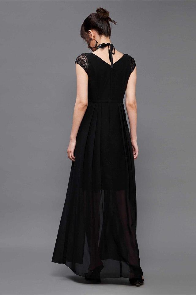 Buy MISS CHASE Black Solid Polyester Sweetheart Neck Womens Maxi Dress