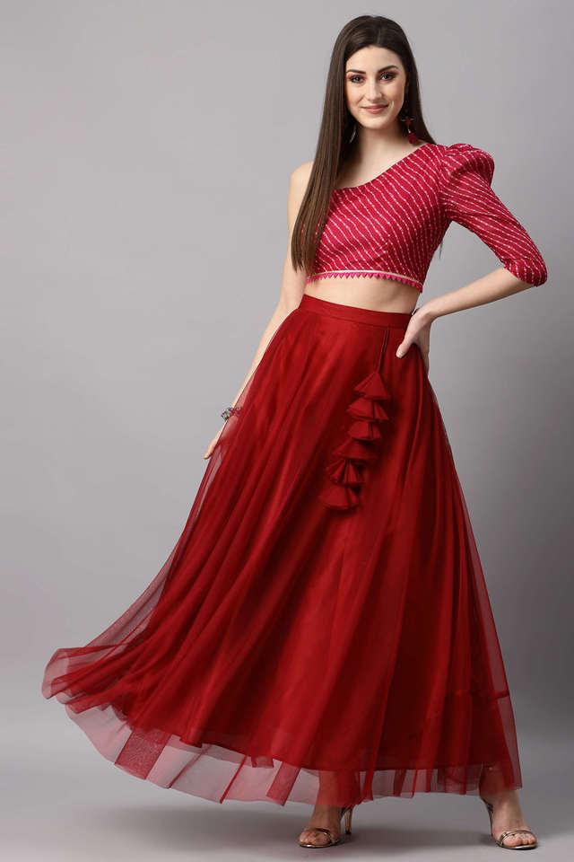 Women Solid Net Flared Maxi Lehenga Skirt With Top