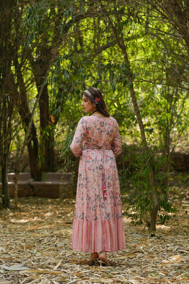 Green & Cream Art Silk Gown With Embroidery