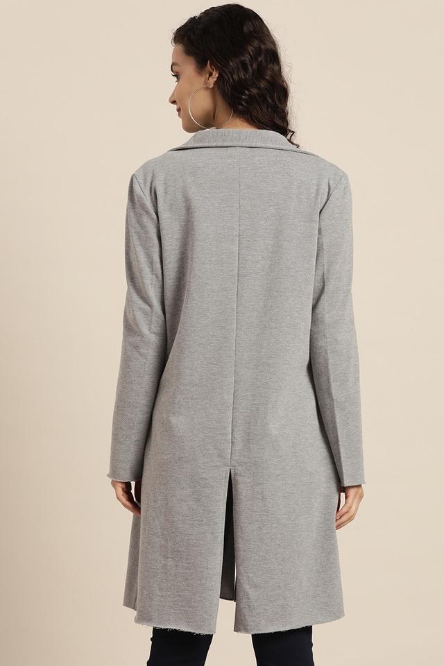 Buy QURVII Grey Solid Fleece Collar Neck Women's Long Jacket