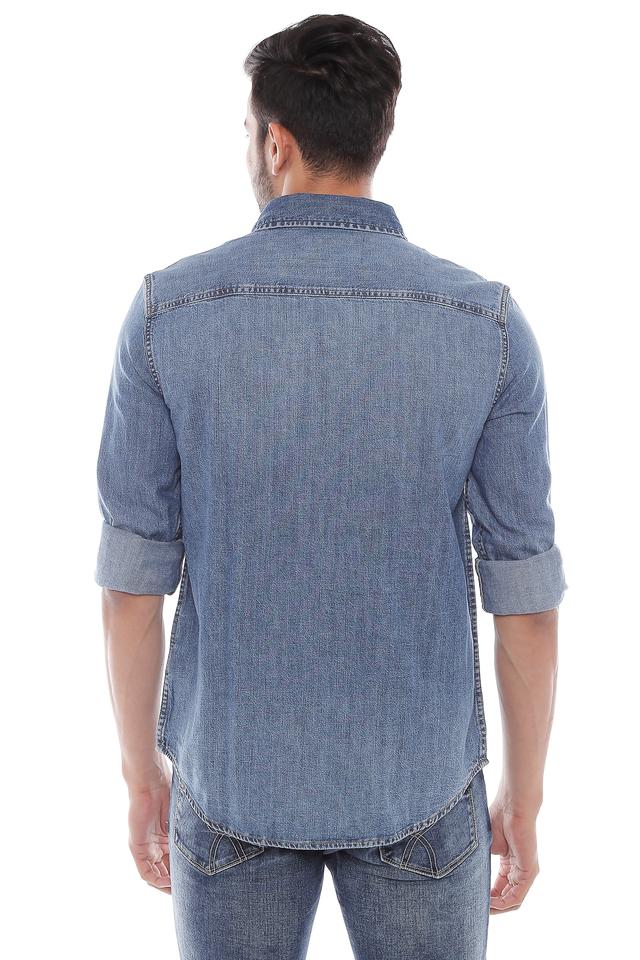 Buy Men's Patch Work Blue Denim Shirt Online | SNITCH