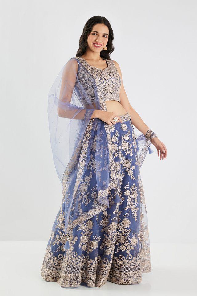 Buy NEERUS Blue Printed Round Neck Crepe Women s Lehenga Choli Set Shoppers Stop