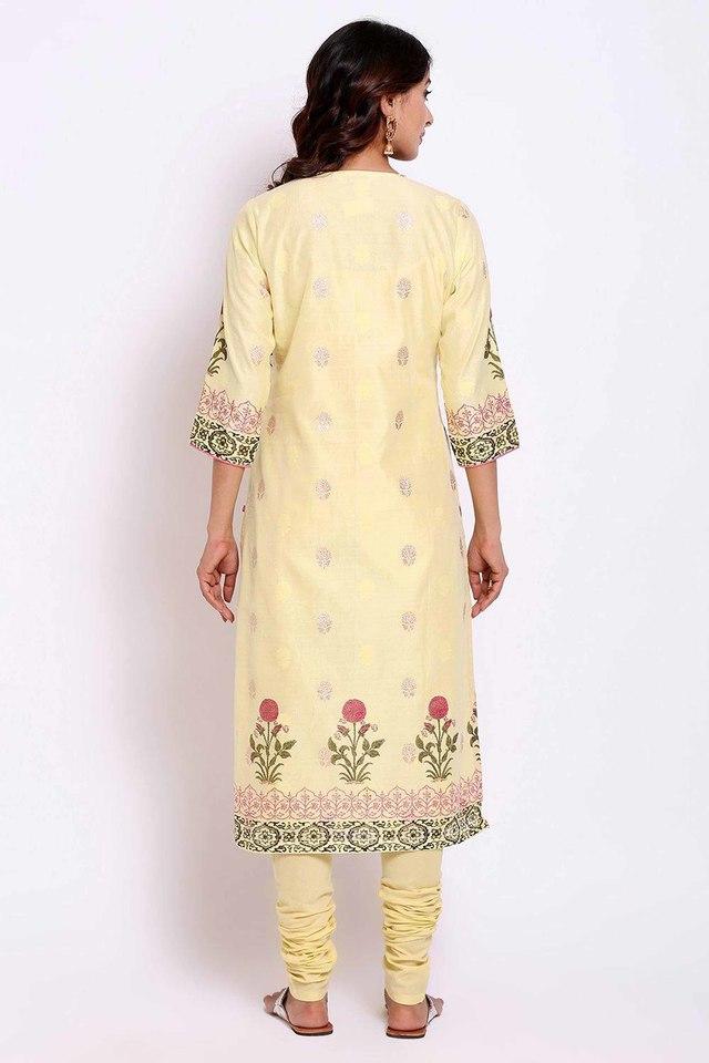 Buy BIBA Yellow Womens Pale Yellow Poly Metallic Cotton Straight