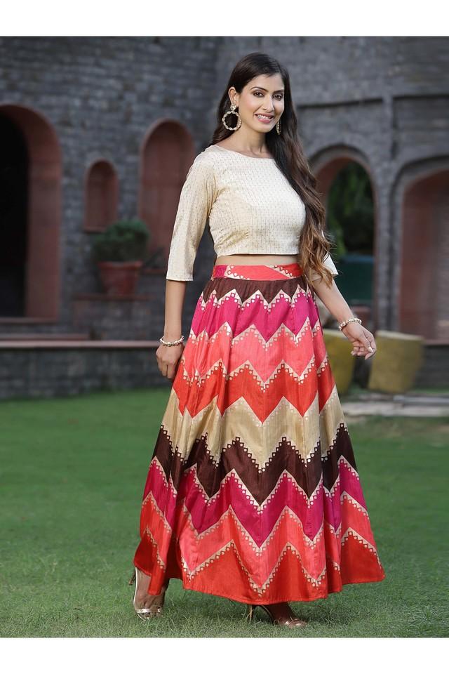 Buy JUNIPER Coral Printed Silk Boat Neck Women s Lehenga Choli Set Shoppers Stop