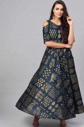 Womens Teal Shantoon Gold Foil Print Ethnic Gown With Cold Shoulder Sleeves