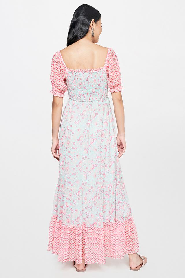 Buy GLOBAL DESI Aqua Floral Polyester Square Neck Women s Gown Shoppers Stop