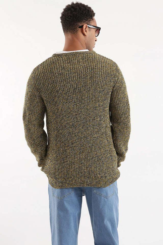 Buy WROGN Yellow Solid Cotton Slim Fit Men's Sweater