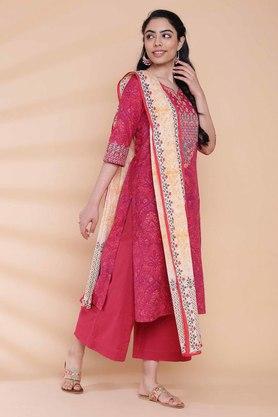 Buy BIBA Dark Pink Round Neck Cotton Womens Straight Suit Set