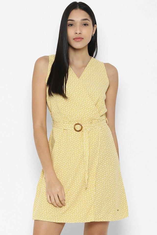 Buy ALLEN SOLLY Yellow Printed V Neck Cotton Womens Sheath Dress Shoppers Stop