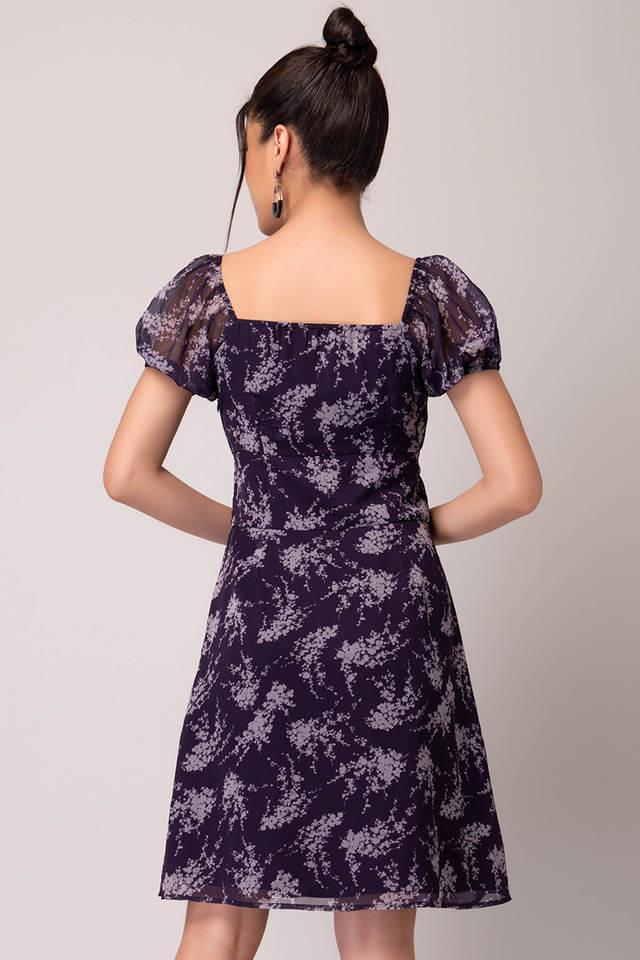 WMNS Floral Print Base Maxi Length Dress - Sheer Short Sleeves / Black /  Purple