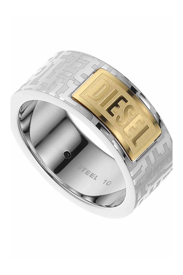 ★DIESEL★ logo two tone ring DX1427931 Diesel Men's Silver and Gold Two-Tone Stainless Steel Logo