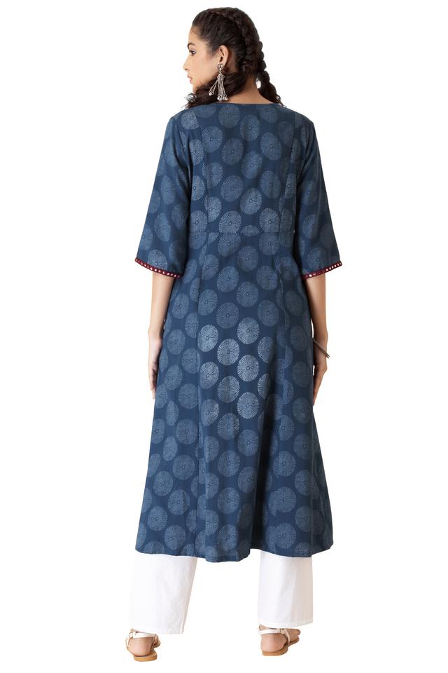 Buy INDYA Indigo Embroidered Cotton Round Neck Womens Kurta