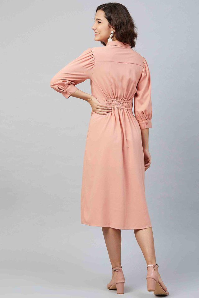 Buy Globus Women Peach Solid Party V Neck Fit and Flare Dress online