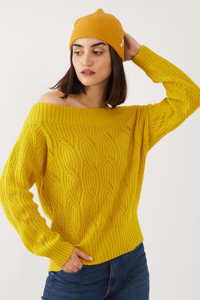 Buy ZINK LONDON Yellow Solid Off Shoulder Acrylic Womens Sweater