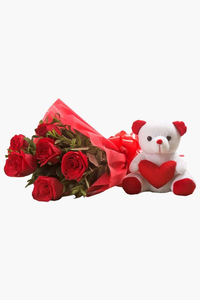 Ferns and petals store teddy bear bouquet