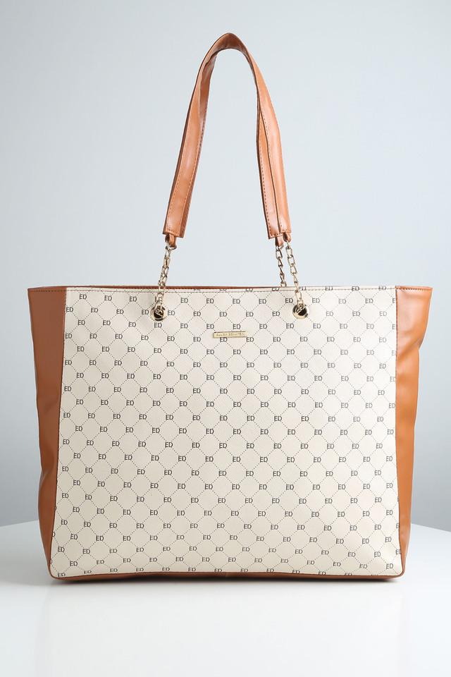 Buy ELLIZA DONATEIN Tan Monogram PU Zipper Closure Women s Casual Tote Handbag Shoppers Stop