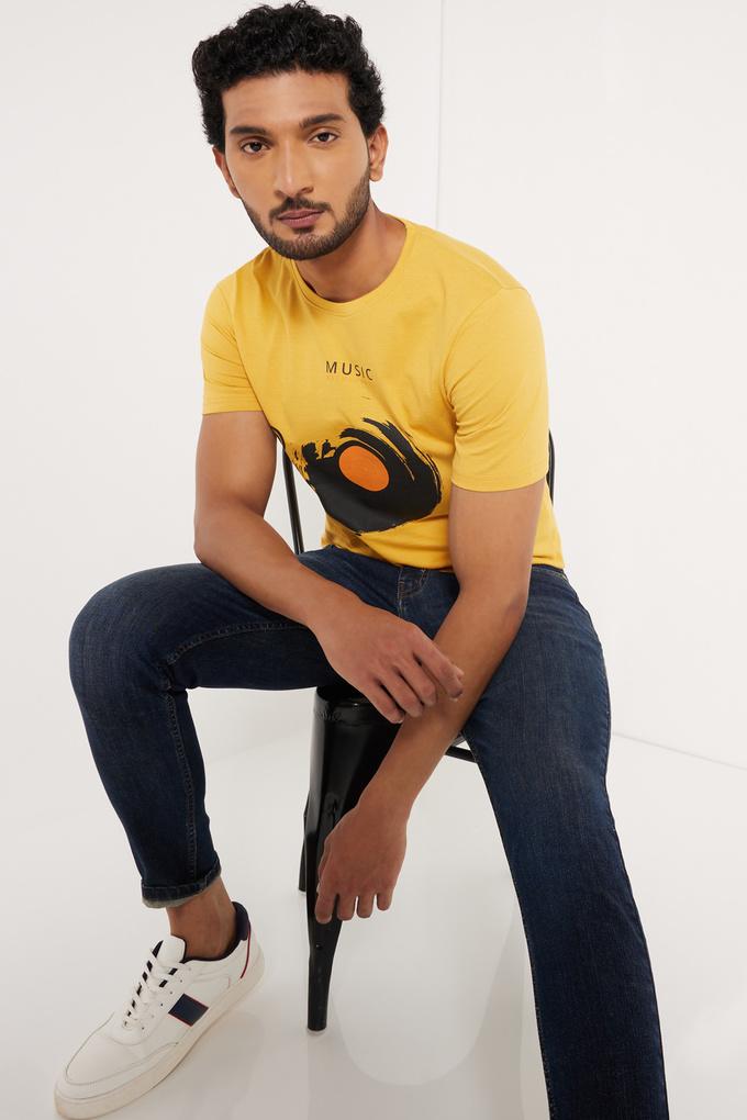 Buy INTUNE Mustard Cotton Music Print Mustard T-Shirt for Men