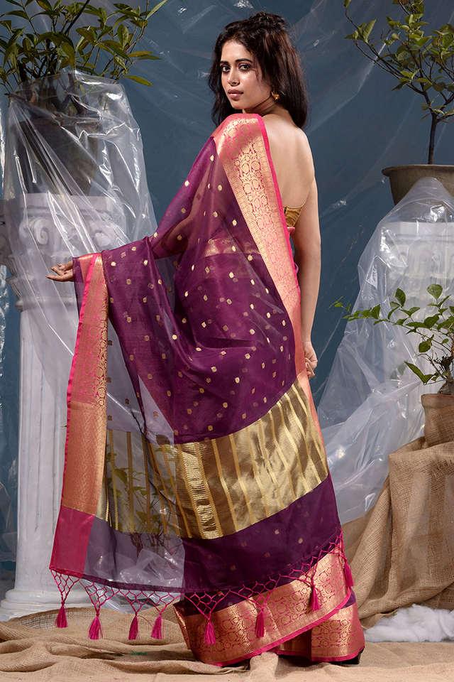 Handloom Wine Banarasi Georgette Banarasi Saree With Broad Silver Zari –  WeaverStory