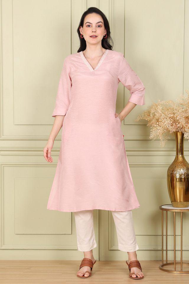 Buy W Pink Solid Polyester V Neck Women s Kurta Shoppers Stop