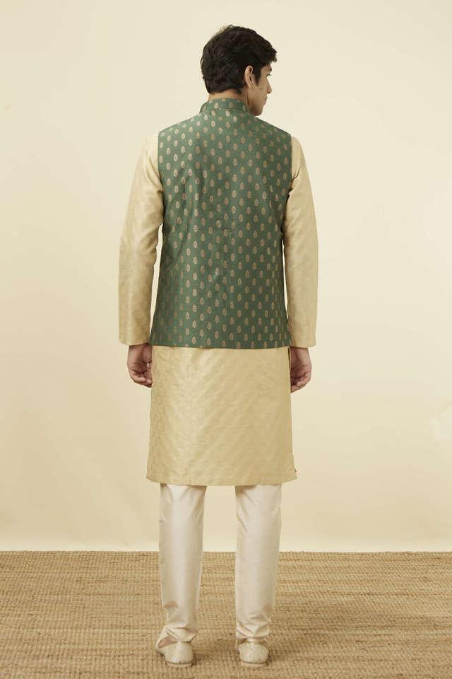 Buy Manyavar Men's Green Art Silk Kurta and Pencil Pyjama with Nehru Jacket  (Set of 3) Online