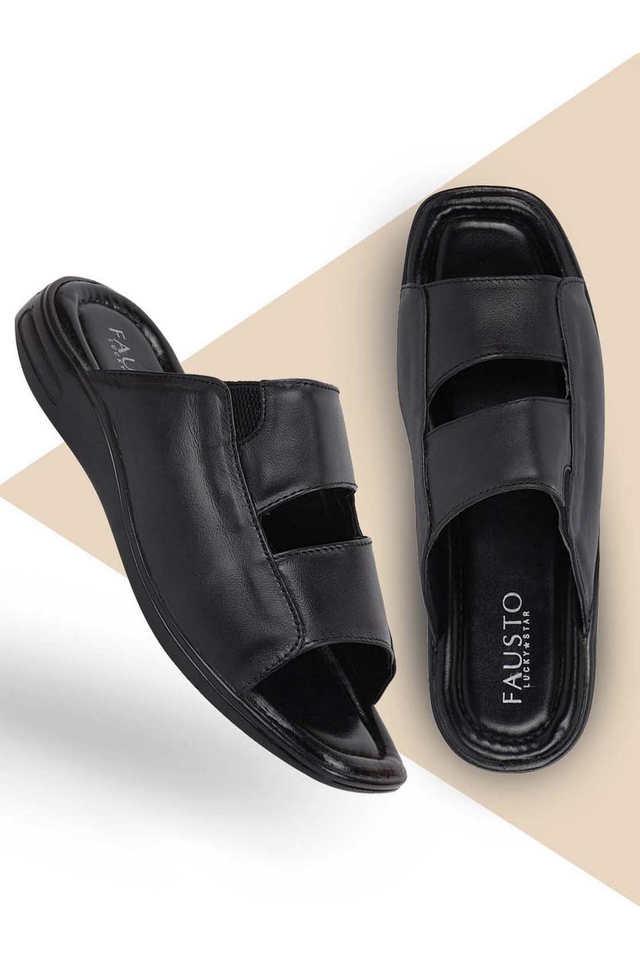 Buy FAUSTO Black Leather Slip on Men s Casual Wear Slippers Shoppers Stop