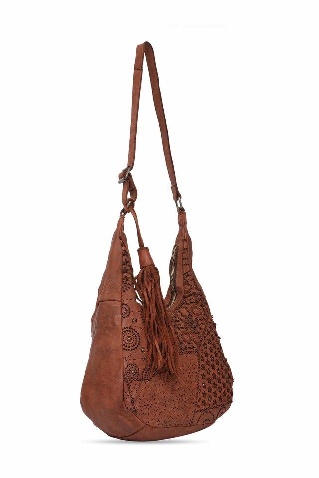 Womens Zipper Closure Cognac Color Sling Bag