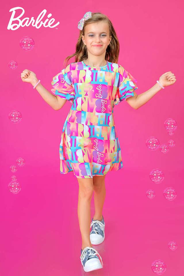 Buy BARBIE Peach Printed Polyester Round Neck Girls Dress Shoppers Stop