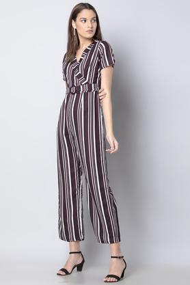 Stripes Short Sleeves Georgette Women's Maxi Jumpsuit