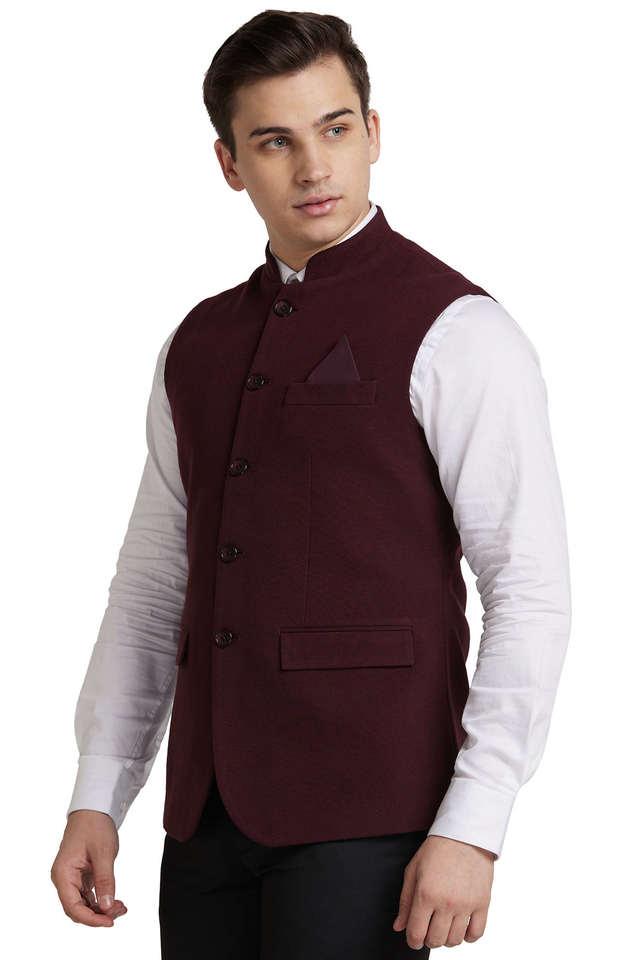 Buy PARK AVENUE Red Solid Cotton Blend Slim Fit Men s Nehru Jacket Shoppers Stop