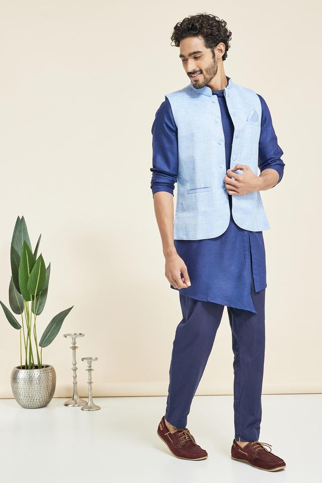 Buy Blue Jaquard Banarasi Silk Nehru Jacket (NMK-6922) Online