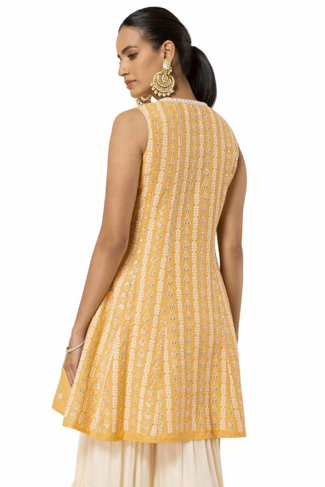 Buy Women Yellow Grid Foil Strappy Straight Kurta - RTW - Indya