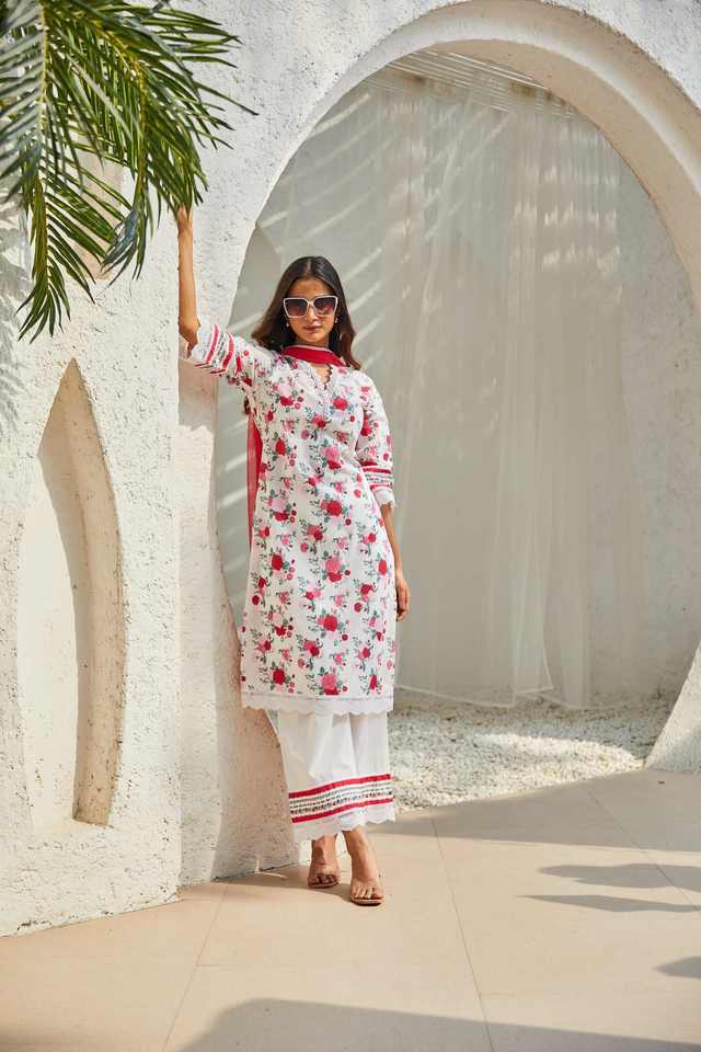 Buy BIBA White Textured Full Length Cotton Woven Women s Kurta Set Shoppers Stop