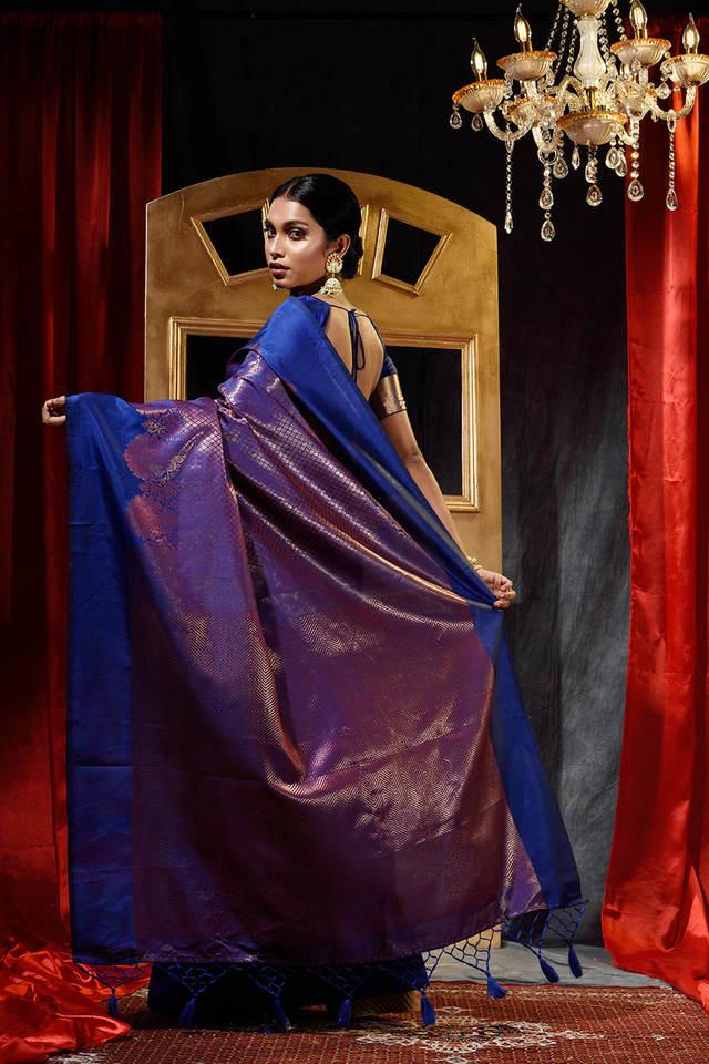 Buy HOUSE OF BEGUM Navy Blue Banarasi Handloom Satin Silk Saree With  Embroidery Work with Blouse Piece | Shoppers Stop