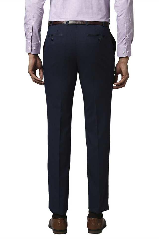 Buy RAYMOND READY TO WEAR Blue Solid Polyester Blend Slim Fit Men s Formal Wear Trousers Shoppers Stop