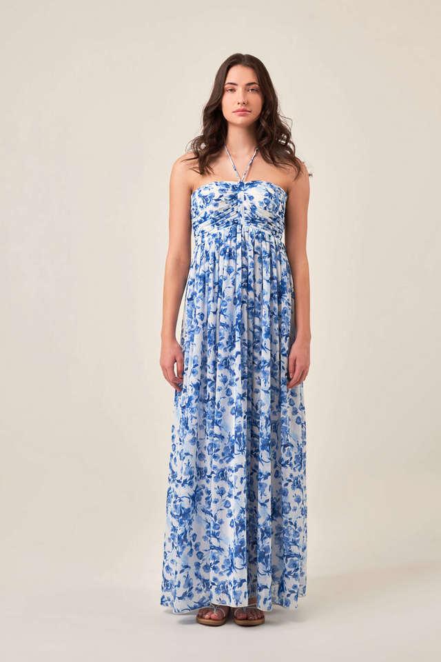Buy SOTBELLA Blue Printed Georgette Halter Neck Women s Maxi Dress Shoppers Stop
