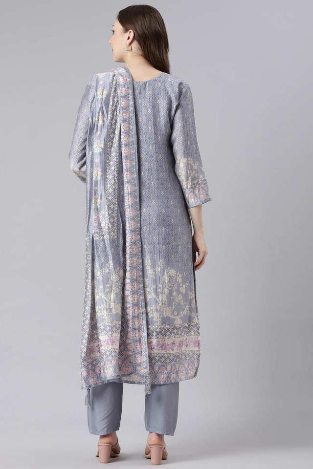 Buy NEERUS Grey Printed Calf Length Satin Woven Women s Kurta Set Shoppers Stop