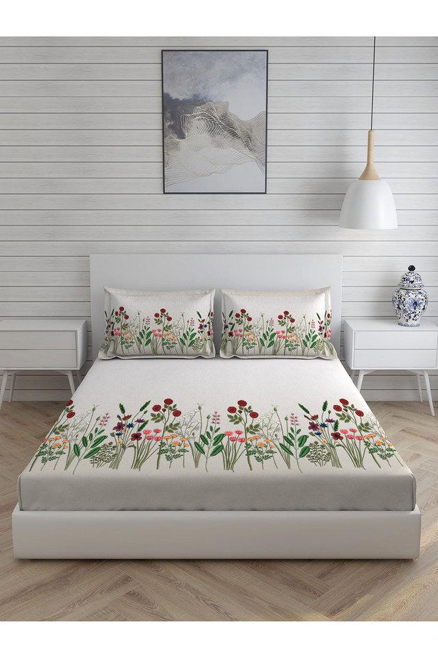 Buy BOUTIQUE LIVING Off White Floral Cotton King Double Bed Sheet 270 TC