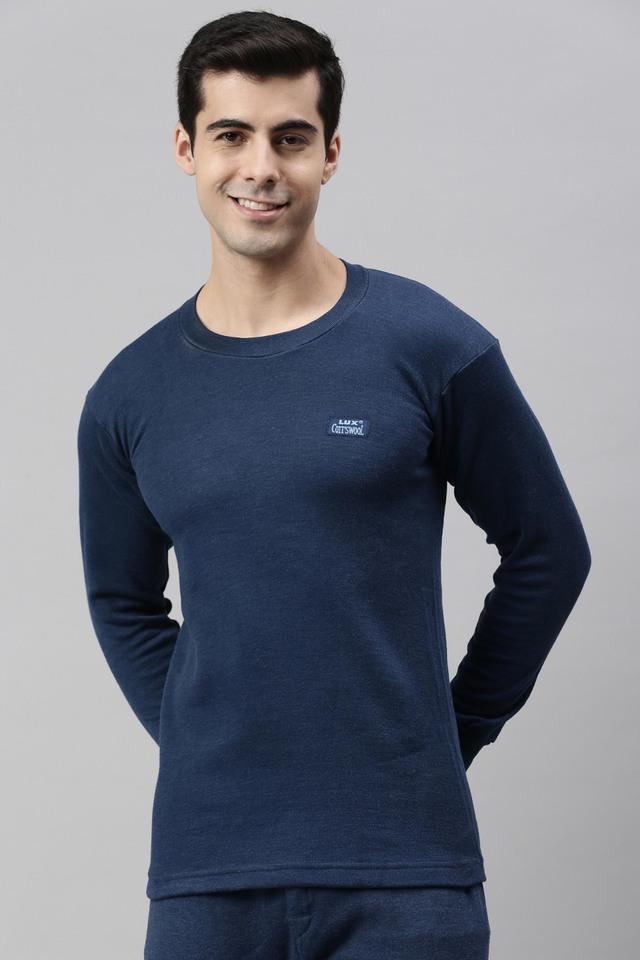 Buy LUX COTTS WOOL Blue Solid Knit Regular Fit Mens Thermal