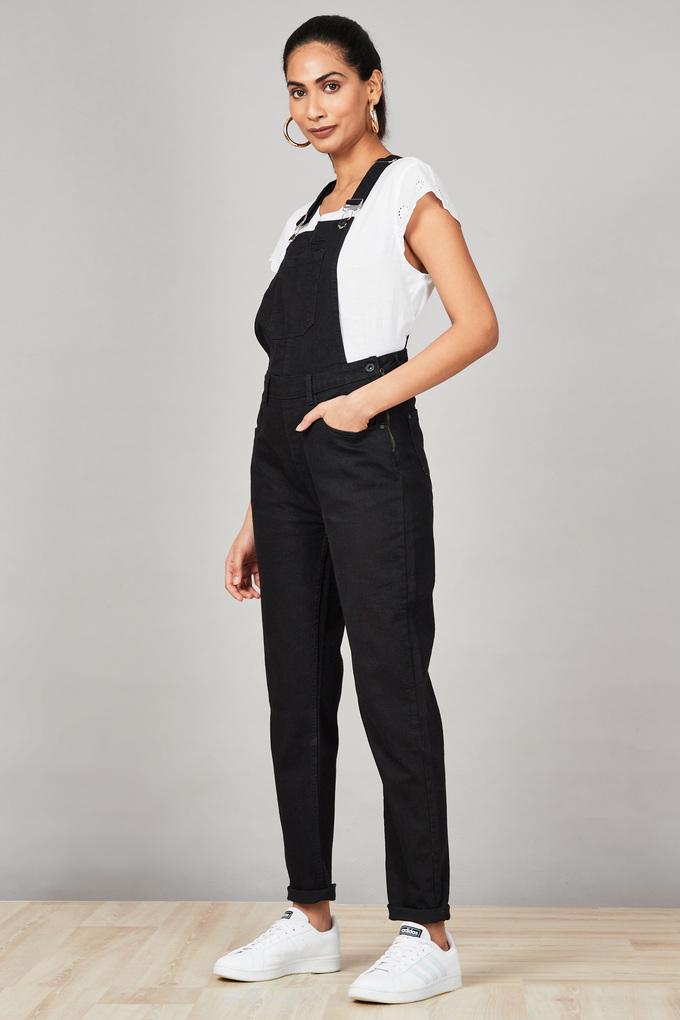 Black store material dungarees