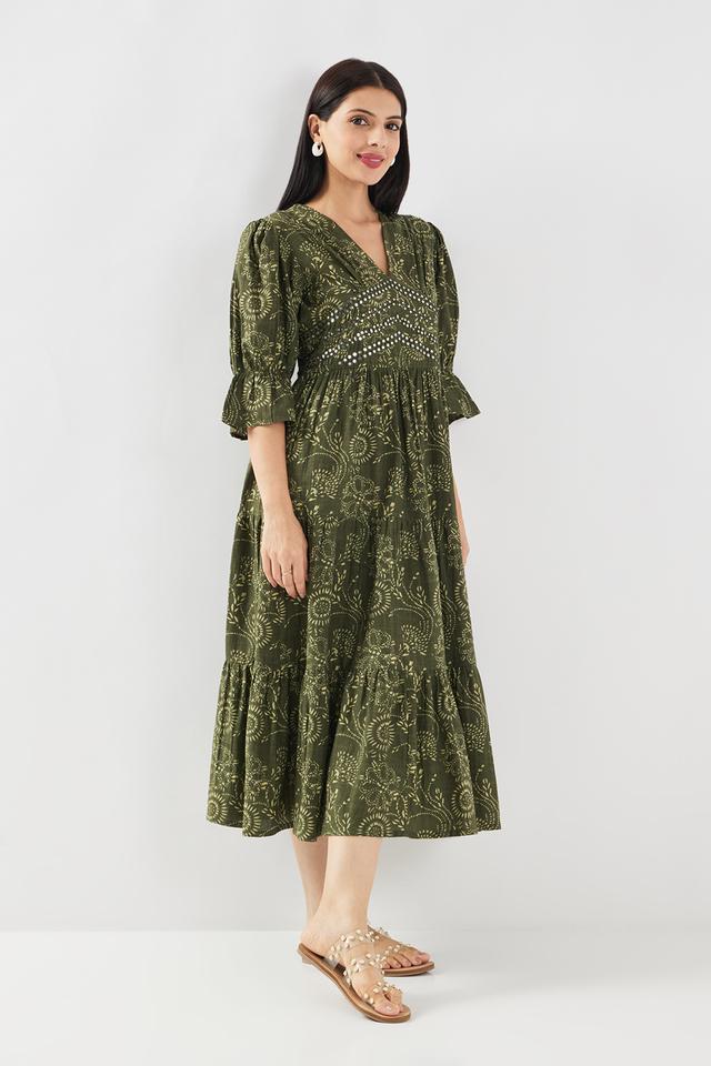 Buy HAUTE CURRY Green Printed V Neck Cotton Women s Calf Length Ethnic Dress Shoppers Stop