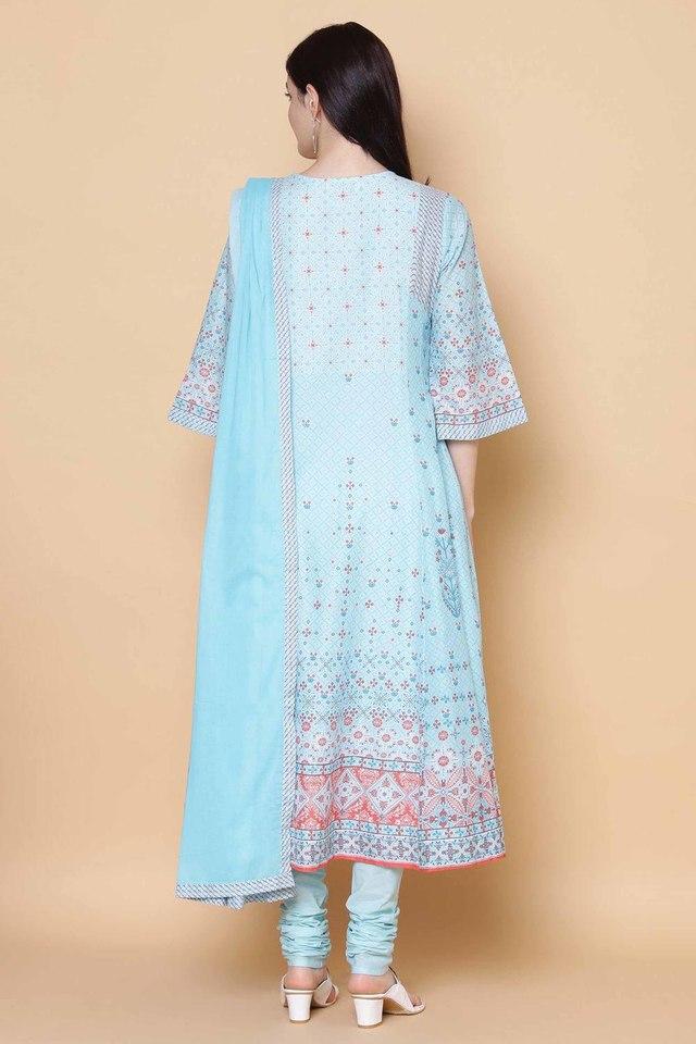 Buy BIBA Turquoise Round Neck Cotton Womens Kalidar Suit Set