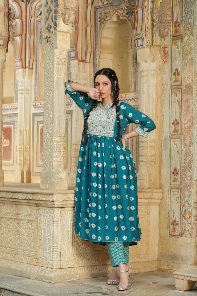 Buy SCAKHI Blue Printed Round Neck Silk Women s Salwar Suit Shoppers Stop